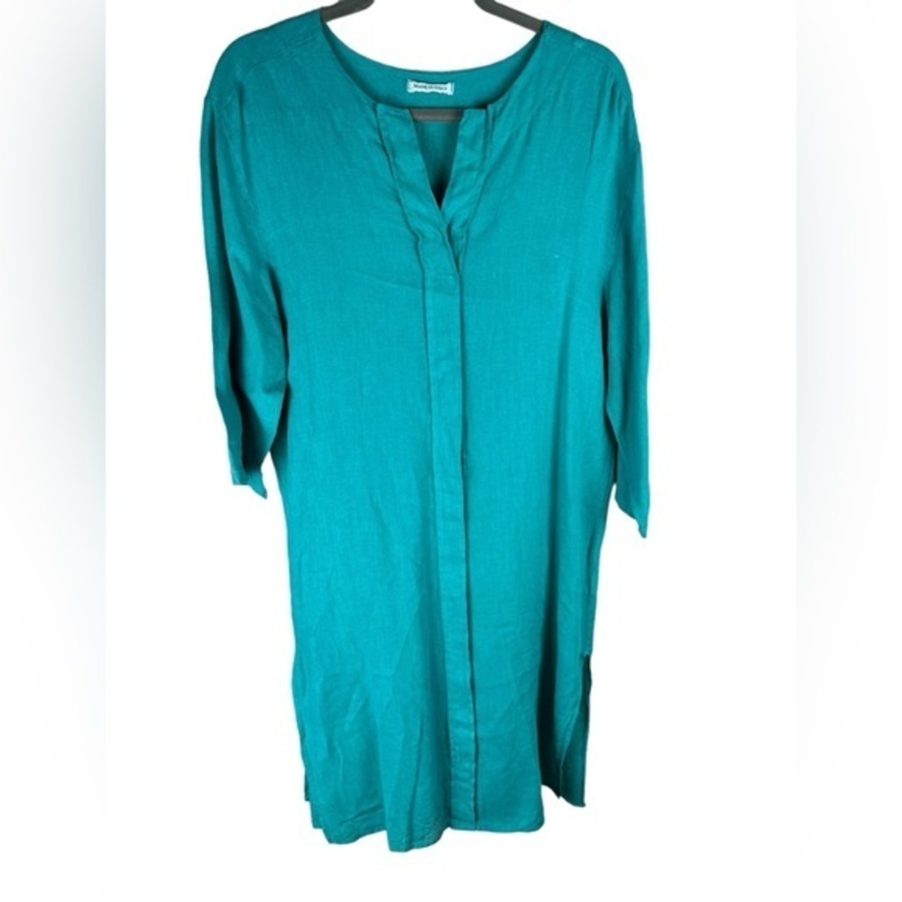 Women’s teal blue linen pull over 3/4 length sleeve tunic dress cover up M/L